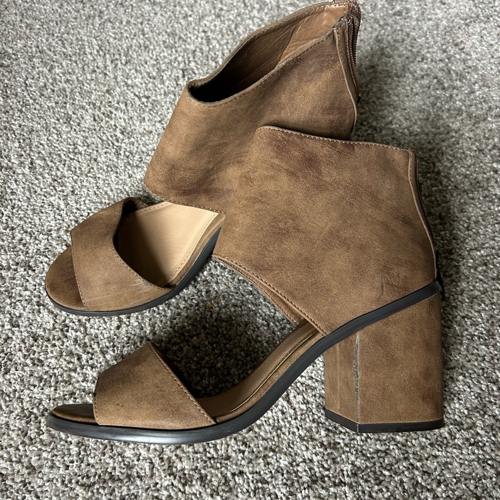 Brown heeled wedge leather ankle wrap sandals